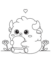 Coloring book cow happily eating a sandwich with a heart above, surrounded by flowers