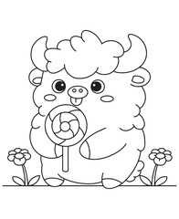 Coloring book cow with a swirly lollipop, tongue out, standing among flowers.