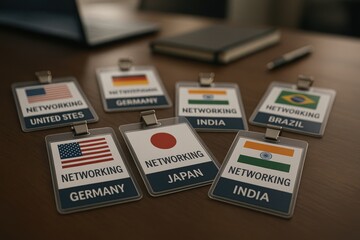 Networking Badges from Various Countries on a Wooden Desk with a Laptop in the Background