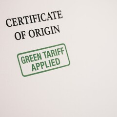 Fototapeta premium Certificate of Origin Document with Green Tariff Applied Stamp Showing Authenticity and Compliance