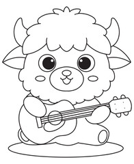 Coloring book cute cow playing an acoustic guitar