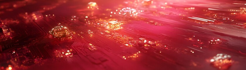 Abstract digital circuit board design in deep red.