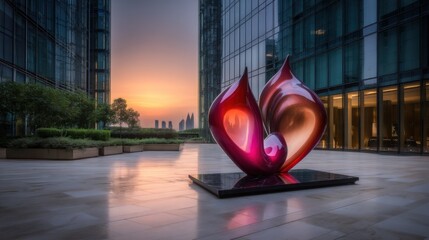 Colorful contemporary sculpture reflecting sunrise in modern city plaza