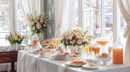 Elegant Breakfast Table Setting with Fresh Flowers and Delicacies