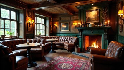 A cozy, traditional British pub interior  Dark wood furniture, warm lighting, and a crackling fireplace create a welcoming atmosphere, perfect for a pint and a chat ,  wood,  furniture, pub