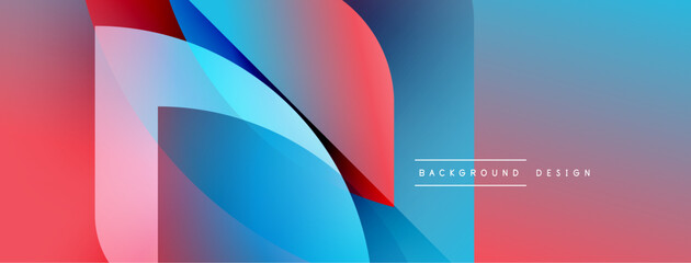 Abstract geometric shapes overlap, creating vibrant gradients. Red, blue hues dominate design, offering modern aesthetic.