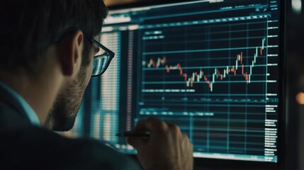 Close-up shot of a businessman analyzing stock market data on computer screen in office environment, focusing on financial trends