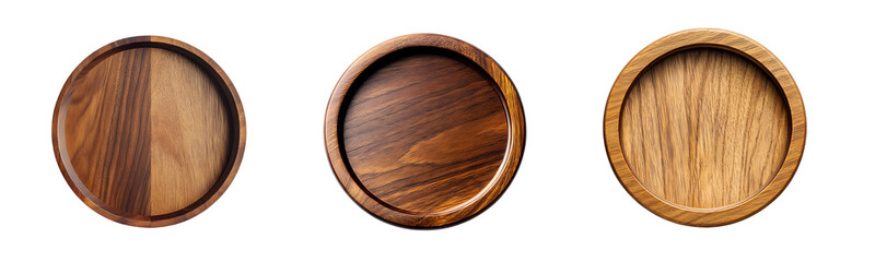 set of circular wooden serving platters of various shades. isolated on transparent background
