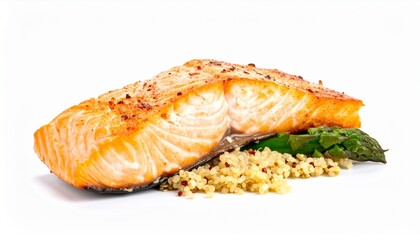 Salmon fillet with quinoa and asparagus isolated on white background for gourmet dinner or wellness concept