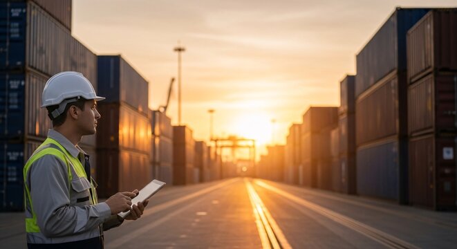 A cargo worker wearing safety gear standing in a shipping yard at sunset, carefully examining paperwork. The setting sun casts a warm glow over the scene with shipping containers in view