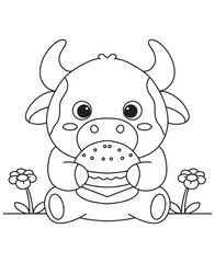 Coloring book cow happily enjoys a big burger, framed by charming flowers