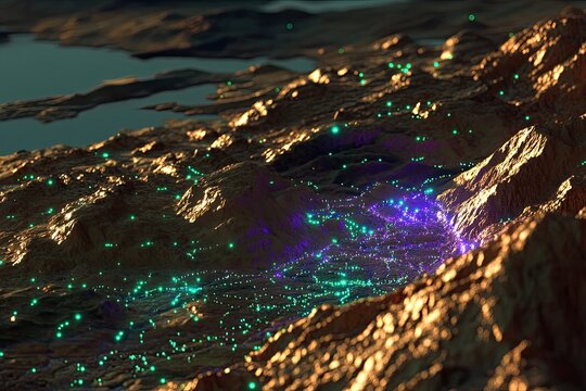 Elevated terrain map, city lights - Powered by Adobe