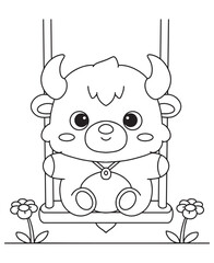 Coloring book bull swinging happily on a swing, surrounded by charming flowers