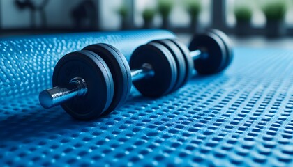 Close-up of dumbbells on a blue exercise mat.