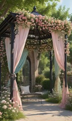 Pastel floral bunting draped from a wrought iron gazebo  Outdoor setting , outdoor, photography, garden