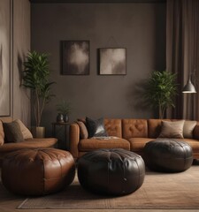 Two black vintage poufs near brown sofa; eclectic room  Dark, stylish interior ,  black,  ottoman