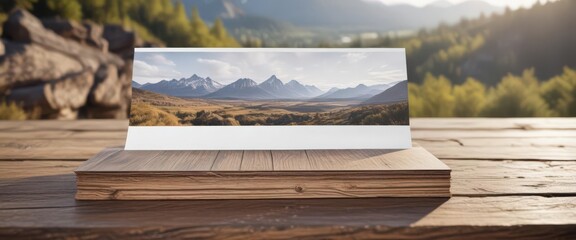 Blank landscape booklet mockup on rustic wood, blurred scenic background, fall, sun