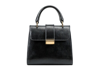 Elegant black leather handbag with gold clasp, cut out