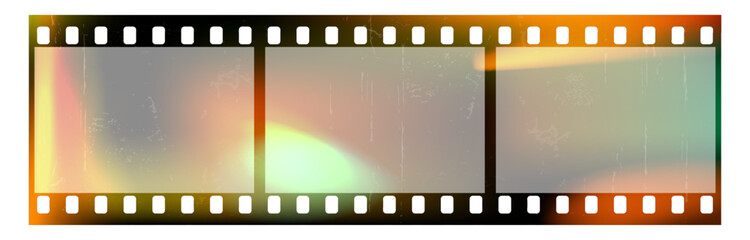 Photo film strip with light leak effect. 35 mm film frame format. Old analog overlay filter. Video tape border mockup with flare gradient, grunge texture