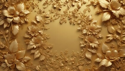Glimmering gold floral motif; intricate leaves and flowers on golden background ,  wallpaper,  golden wallpaper,  flowers
