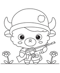 Coloring book bull animal soldier with helmet and rifle