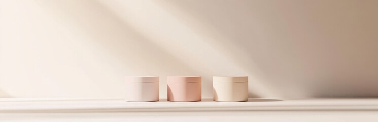 A serene display of three minimalist cream jars in soft colors on a light surface, creating a calm atmosphere with elegant shadows. Perfect for beauty branding.