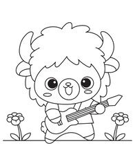 Coloring book bull creature plays guitar in a field of flowers