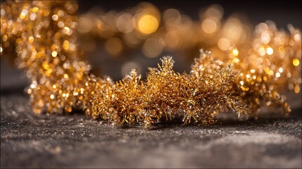 Golden holiday garland sparkles with festive warmth, a close-up of shimmering details. Celebrating the joy and magic of the season.