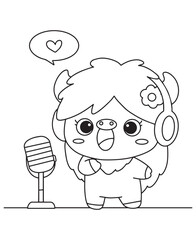 Coloring book Cute horned animal character with headphones singing into a microphone,