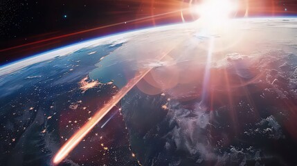 A view of earth from space with a bright light and a streak of light passing through the atmosphere