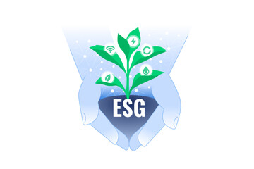 ESG Sustainable Growth Concept Illustration, Hands holding small plant growing