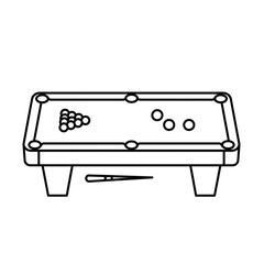 A line drawing of a pool table with balls racked and a cue stick underneath the table surface view