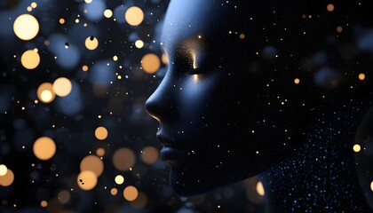 Profile view of a digital face with luminous details against a bokeh background.