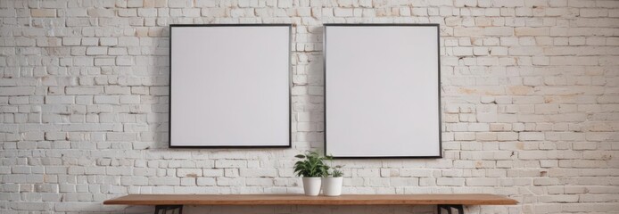 Poster mockup on clips, white brick wall background  Modern home decor ,  house,  illustration