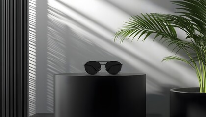 Stylish sunglasses displayed on a dark pedestal.
