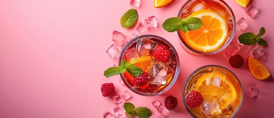 Colorful citrus drinks with ice and mint leaves on a vibrant pink and yellow background. Top view of cocktail decorated with fruit. Flat lay composition with copy space for beverage and summer. AIG55.
