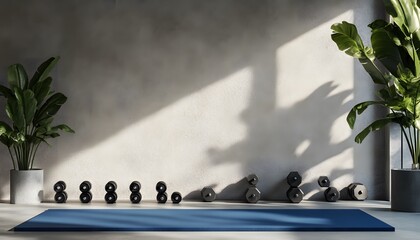 Gray-walled fitness area with dumbbells and yoga mat.