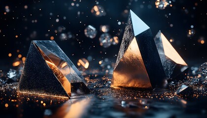 Abstract geometric shapes, metallic pyramids, illuminated by warm light.