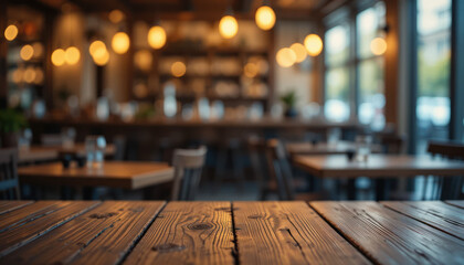 Rustic Wooden Table Top With Blurred Cafe Background	