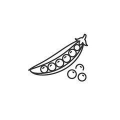 A simple line drawing of a pea pod with peas inside and some peas outside of the pod on a white background