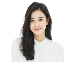Smiling young asian female in white shirt with long hair portrait, cut out
