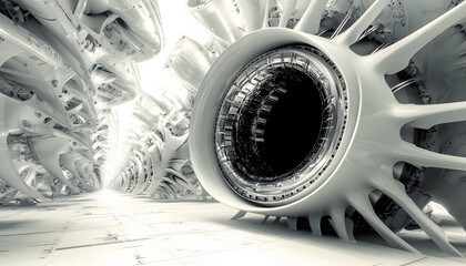 Abstract architectural interior design with intricate, futuristic machinery.