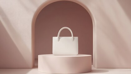 A simple, light-pink pedestal display with a white handbag.