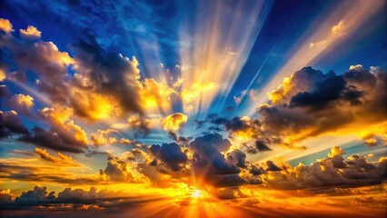 Obraz premium Stunning Sunsets: AI-Generated Low Light Sky Photography, Golden Hour, Celestial, Sunbeams, Dramatic Cloudscapes