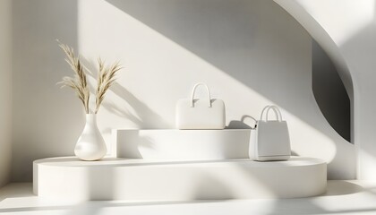 White handbags displayed on a modern, minimalist stage.