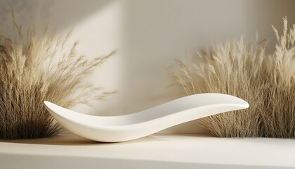 Smooth white object in a minimalist setting with pampas grass.