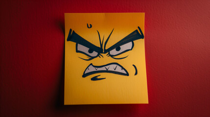 Yellow sticky note with cartoon angry face expression on red background