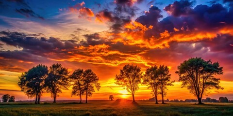 Obraz premium Stunning Sunset Silhouettes: Bokeh Photography, Tree Silhouettes, Golden Hour, Nature Photography, Landscape Photography, Beautiful Sunset, Dusk, Evening.