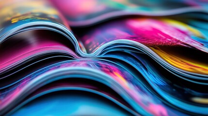 Vibrant magazine pages stacked and curved
