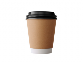 Brown paper coffee cup with black lid isolated on transparent background